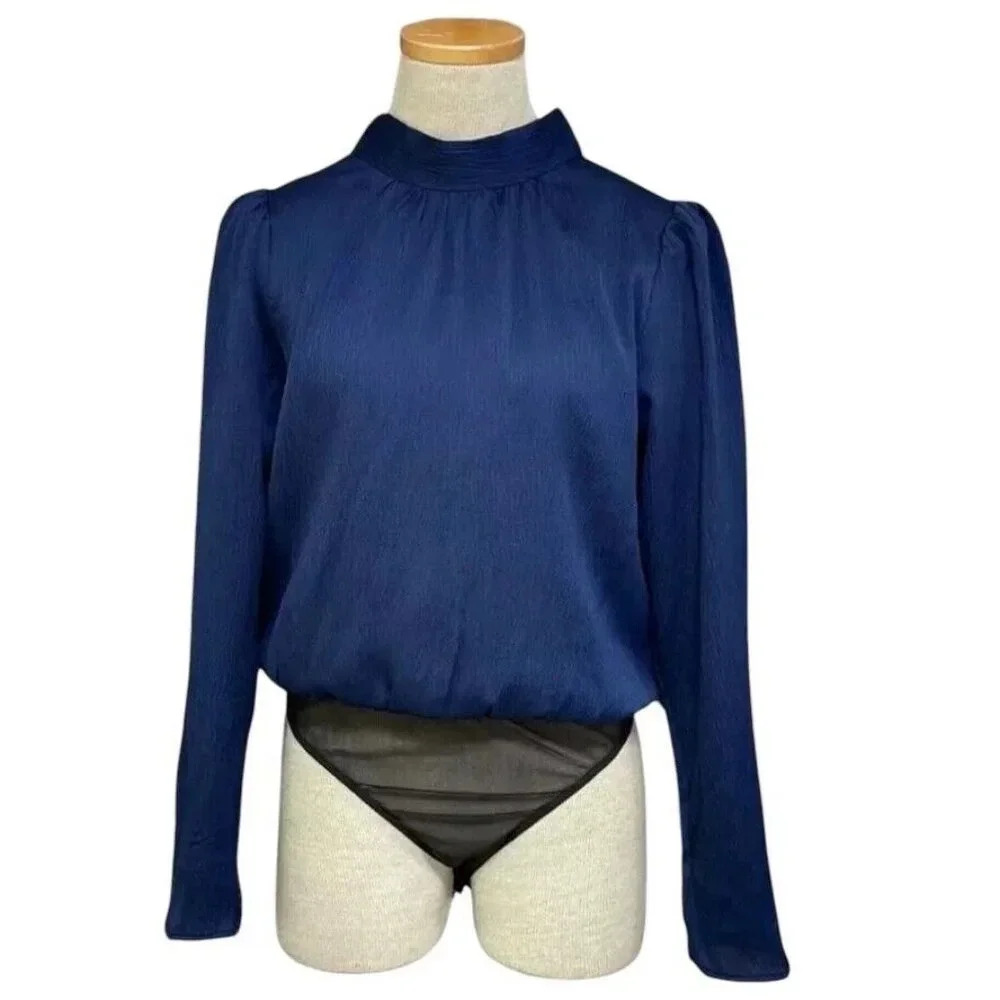 LUSH Ivy Bodysuit Women's Medium Blue NWT Long Sleeve Mesh mock turtle neck tie
